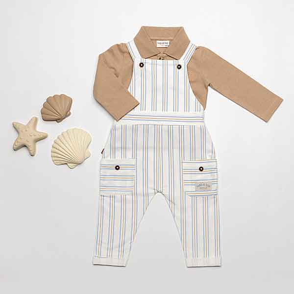 Frogs and Dogs baby tuinbroek Sand and Sun met blauw-geel streepjesdessin, verstelbare bandjes en voorzakjes
