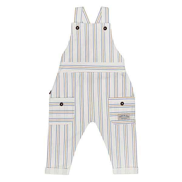 Frogs and Dogs baby tuinbroek Sand and Sun met blauw-geel streepjesdessin, verstelbare bandjes en voorzakjes