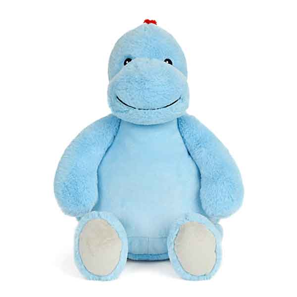 Cubbies Blueberry dinosaurusknuffel in blauw pluche met rode schubben, zwarte ogen en geborduurde details.