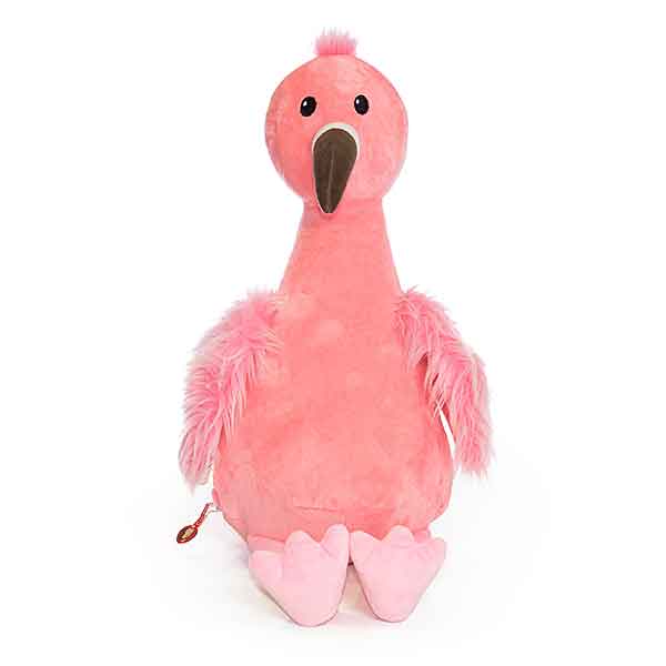 Cubbies Strawberry flamingoknuffel in roze pluche met pluizige vleugels, zwarte ogen en lichtroze poten.