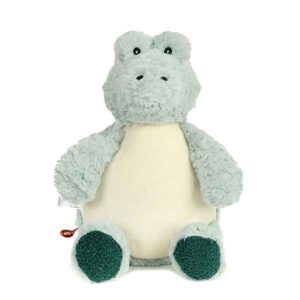 Cubbies Scaley Dan alligator knuffel met groene pluche vacht, beige buik en donkergroene schubben.