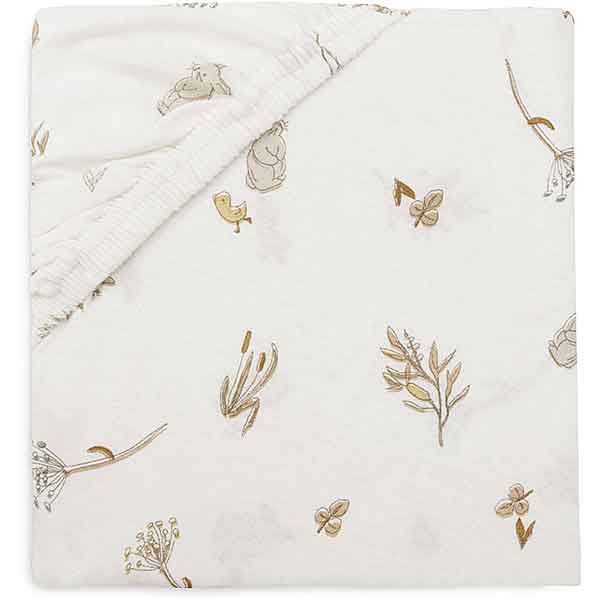 Jollein hoeslaken wieg Riverside collectie met eendjes, konijntjes en waterplantjes in zachte kleuren, gemaakt van ademende jersey stof.