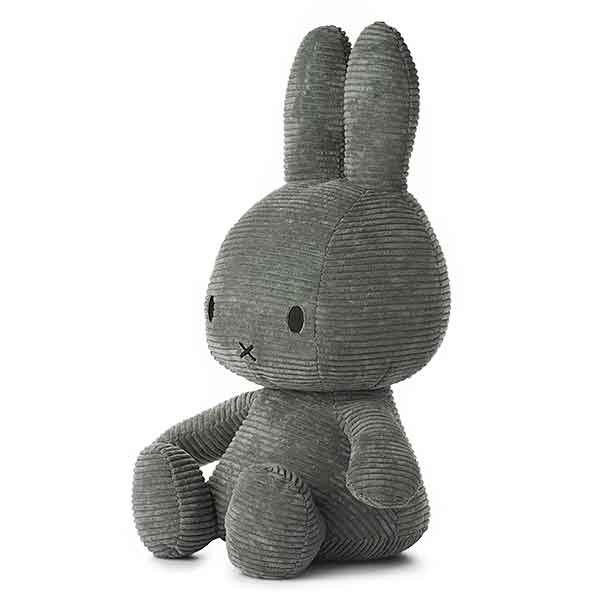 Grijze Miffy ECO Corduroy knuffel van Bon Ton Toys, 50 cm hoog, gemaakt van gerecycled ribfluweel en geschikt voor baby’s en peuters.