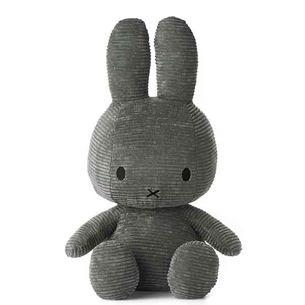 Grijze Miffy ECO Corduroy knuffel van Bon Ton Toys, 50 cm hoog, gemaakt van gerecycled ribfluweel en geschikt voor baby’s en peuters.
