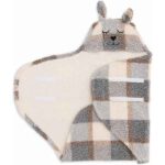 Jollein wikkeldeken Check Bouclé met coral fleece binnenkant, ruitpatroon in beige en grijs, capuchon met oortjes en klittenbandsluiting.