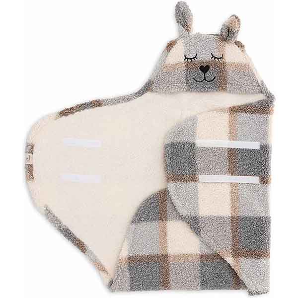Jollein wikkeldeken Check Bouclé met coral fleece binnenkant, ruitpatroon in beige en grijs, capuchon met oortjes en klittenbandsluiting.