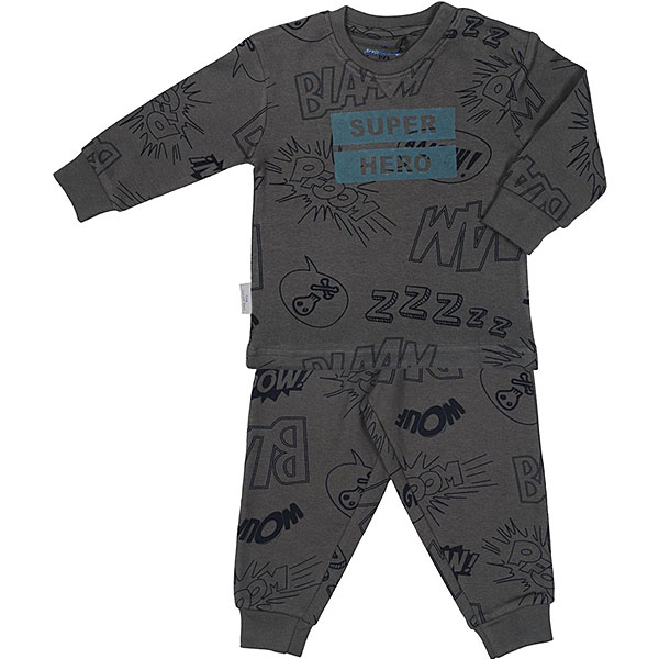Donkergrijze kinderpyjama Super Hero van Frogs and Dogs met all-over comicprint.