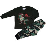 Donkergroene Fun2Wear kinder pyjama met T-rex print en camouflage broek.