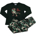 Donkergroene Fun2Wear kinder pyjama met T-rex print en camouflage broek.