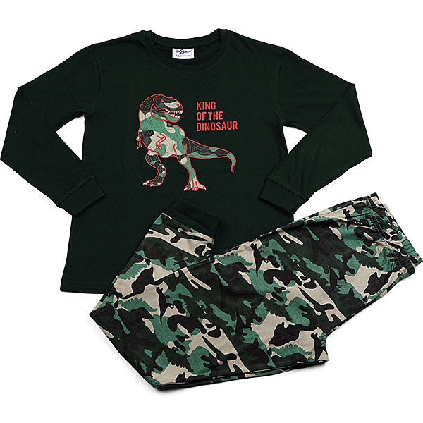 Donkergroene Fun2Wear kinder pyjama met T-rex print en camouflage broek.