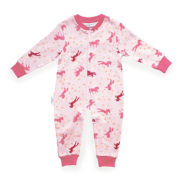 Roze Frogs and Dogs baby onesie met paardenprint en roze manchetten.
