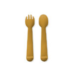 Oker gele siliconen lepel en vork voor baby en peuter