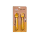 Oker gele siliconen lepel en vork voor baby en peuter