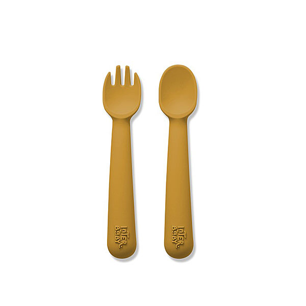 Oker gele siliconen lepel en vork voor baby en peuter