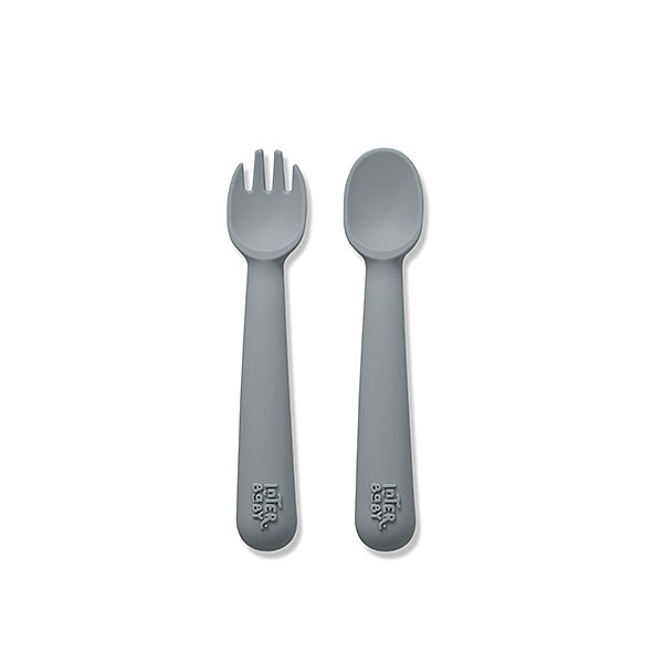 Siliconen lepel en vork in Patrol Gray voor baby en peuter