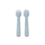 Siliconen kinderbestek met lepel en vork in blauw grijs voor baby en peuter