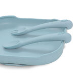 Siliconen kinderbestek met lepel en vork in blauw grijs voor baby en peuter