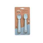 Siliconen kinderbestek met lepel en vork in blauw grijs voor baby en peuter
