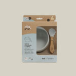 Siliconen babykom met zuignap en bijpassende lepel in blauw grijs van Interbaby