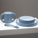 Blue Gray siliconen kinderservies met bord, kom, beker en lepel van Interbaby