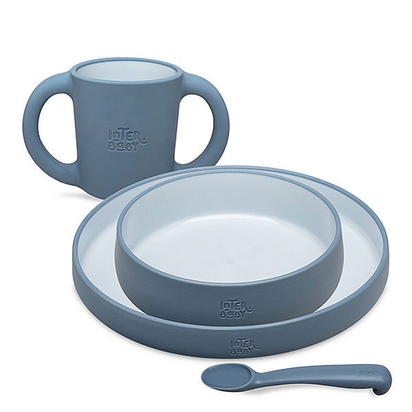 Blue Gray siliconen kinderservies met bord, kom, beker en lepel van Interbaby