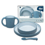 Blue Gray siliconen kinderservies met bord, kom, beker en lepel van Interbaby