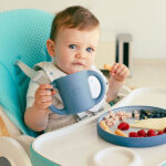 Blue Gray siliconen kinderservies met bord, kom, beker en lepel van Interbaby