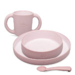 Dark Pink siliconen kinderservies met bord, kom, beker en lepel van Interbaby