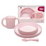 Dark Pink siliconen kinderservies met bord, kom, beker en lepel van Interbaby