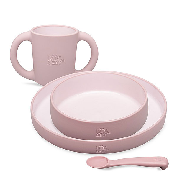 Dark Pink siliconen kinderservies met bord, kom, beker en lepel van Interbaby