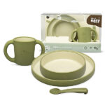 Olive Green siliconen kinderservies met bord, kom, beker en lepel van Interbaby