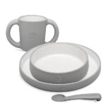 Petrol Gray siliconen kinderservies met bord, kom, beker en lepel van Interbaby