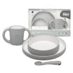 Petrol Gray siliconen kinderservies met bord, kom, beker en lepel van Interbaby