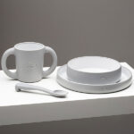 Petrol Gray siliconen kinderservies met bord, kom, beker en lepel van Interbaby
