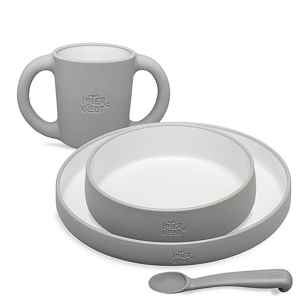 Petrol Gray siliconen kinderservies met bord, kom, beker en lepel van Interbaby