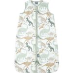 Jollein hydrofiele babyslaapzak met dino-print in groen en zandtinten, mouwloos zomer slaapzakje van katoen.