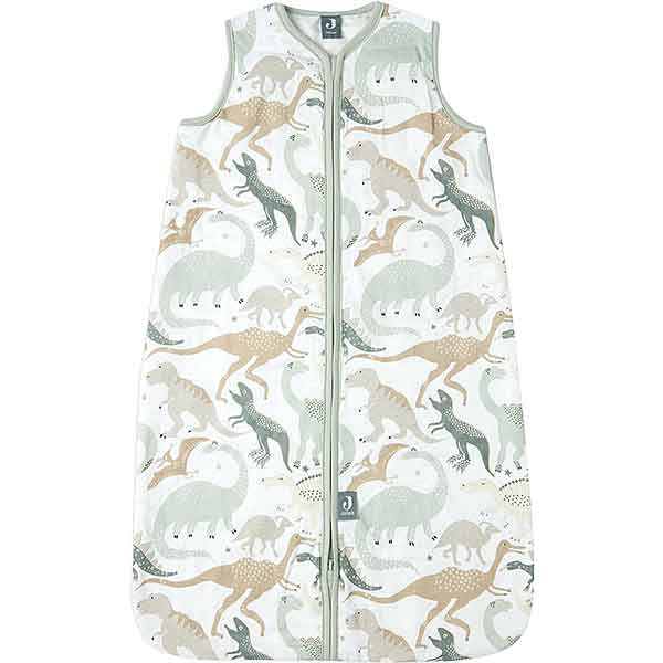 Jollein hydrofiele babyslaapzak met dino-print in groen en zandtinten, mouwloos zomer slaapzakje van katoen.