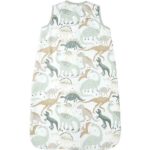 Jollein hydrofiele babyslaapzak met dino-print in groen en zandtinten, mouwloos zomer slaapzakje van katoen.