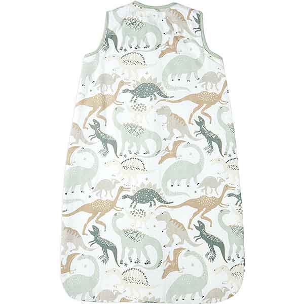 Jollein hydrofiele babyslaapzak met dino-print in groen en zandtinten, mouwloos zomer slaapzakje van katoen.