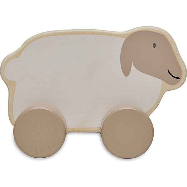 Houten speelgoedauto in de vorm van een lammetje met wieltjes van FSC gecertificeerd hout