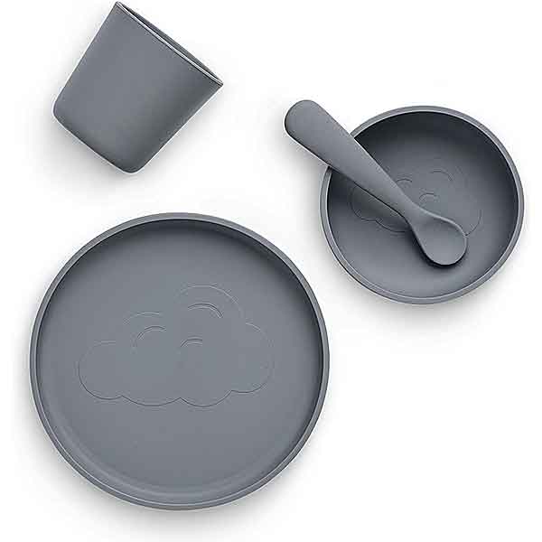 Jollein siliconen kinderserviesset storm grey met bord, kom, beker en lepel