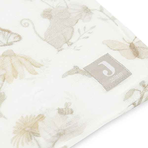 Jollein hydrofiele doeken met Dreamy Mouse print in beige tinten, gebonden met wit lint, set van twee zachte katoenen doeken.