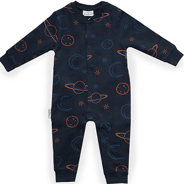 Donkerblauwe Frogs and Dogs baby onesie met planeten, sterren en maantjes.