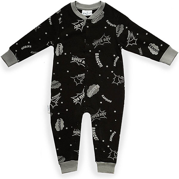 Zwarte Frogs and Dogs baby onesie Super Boy met grijze kreten en lange mouwen.