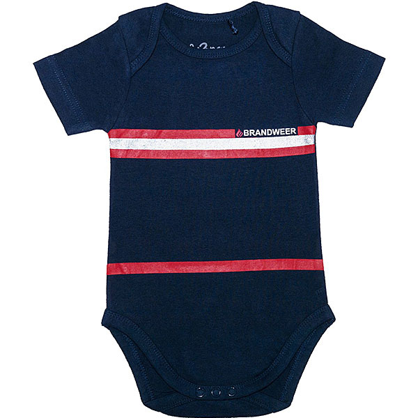 Donkerblauwe Fun2Wear babyromper Brandweer met rode strepen en witte opdruk.