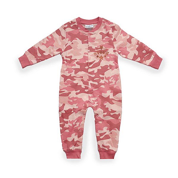 Roze Frogs and Dogs baby onesie met camouflageprint en groot glitterlogo STOER.