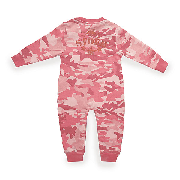 Roze Frogs and Dogs baby onesie met camouflageprint en groot glitterlogo STOER.