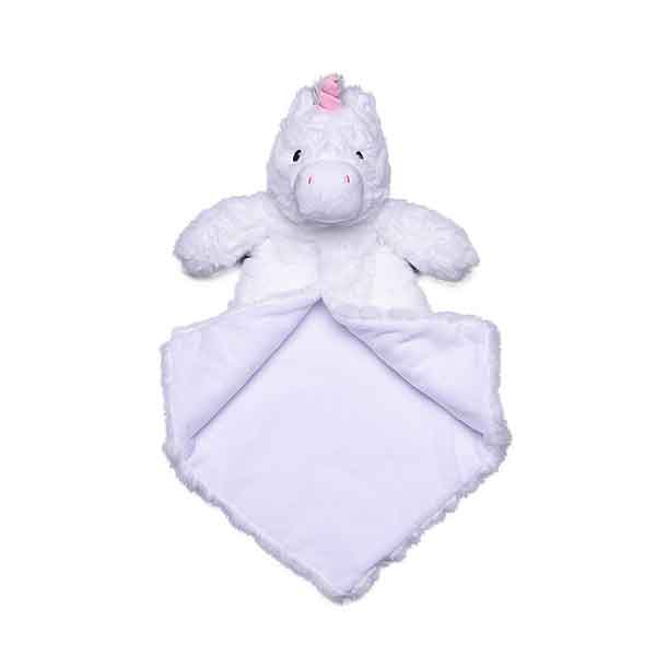 Eenhoorn Luvie Starflower van Cubbies met wit donzig lichaam roze hoorn en zachte babyveiligheidsdeken