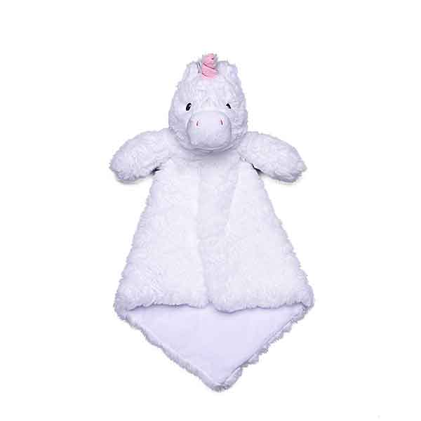 Eenhoorn Luvie Starflower van Cubbies met wit donzig lichaam roze hoorn en zachte babyveiligheidsdeken