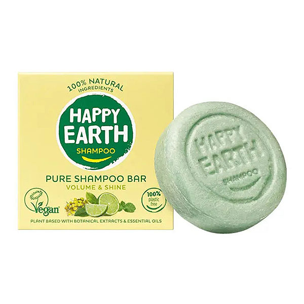 Happy Earth shampoo bar volume and shine in plasticvrije vaste vorm
